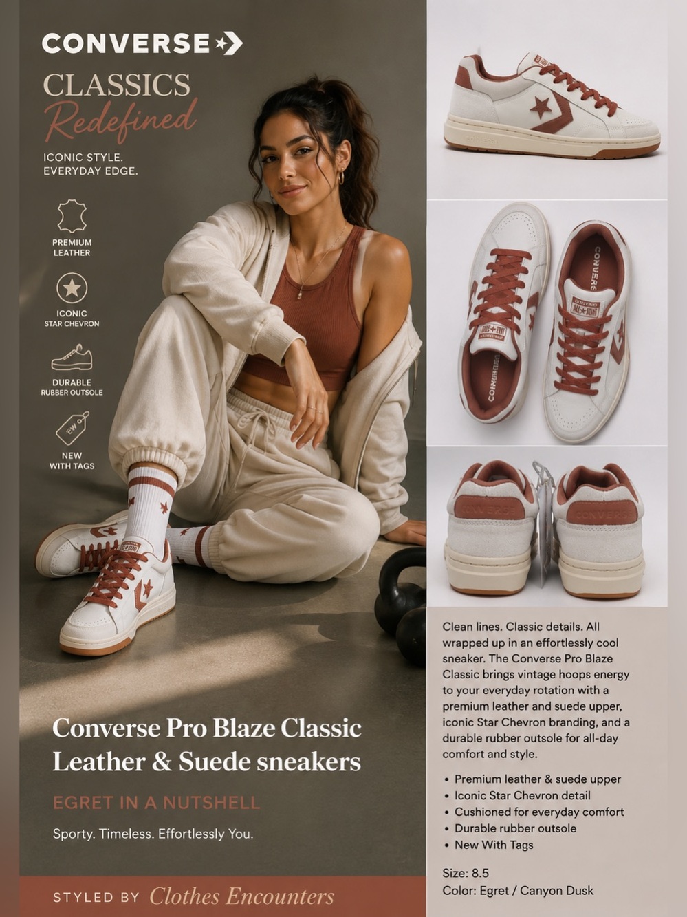 Converse Pro Blaze Classic Leather & Suede sneakers egret in a nutshell  8.5 NWT